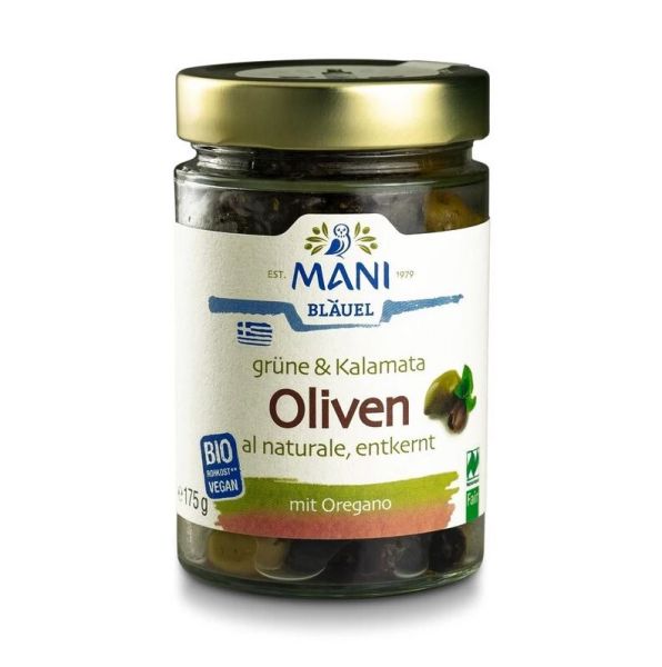 MANI Grüne & Kalamata Oliven, naturale - entkernt, bio, roh
