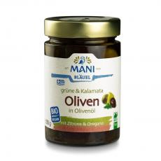 MANI Grüne & Kalamata Oliven - mit Kräutern in Olivenöl, bio, roh