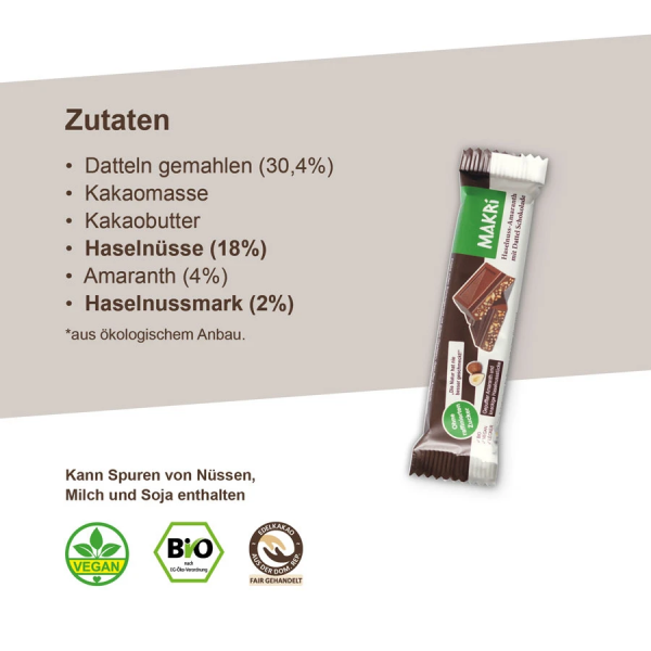 MAKRI Bio Schokoriegel – Haselnuss-Amaranth mit Datteln gesüßt